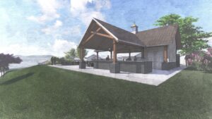 A drawing mock up of the outdoor patio at the new senior living cottages at The Culpeper.